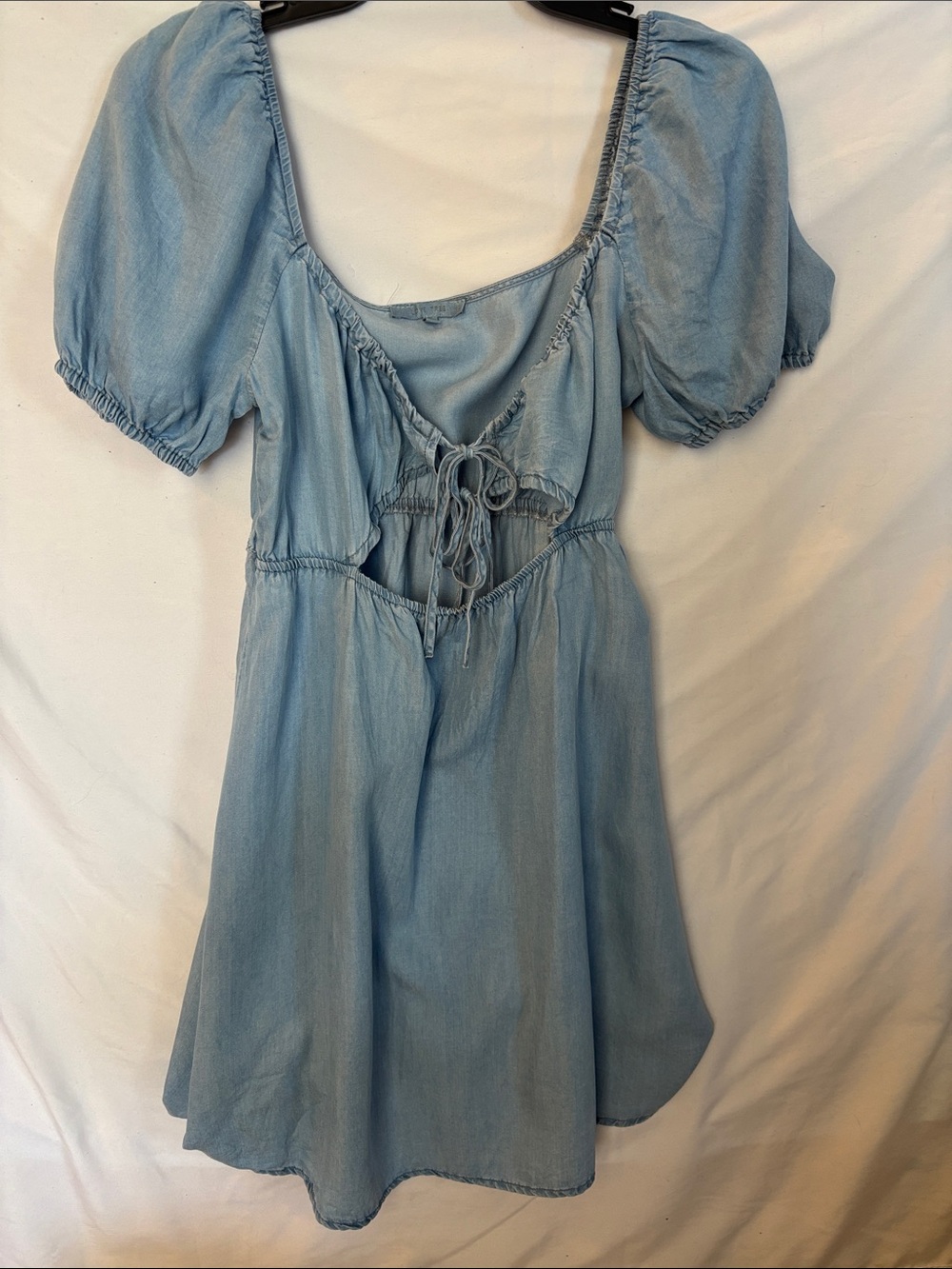 Love Tree Light Blue Puff Sleeve Tie-Front Mini Dress